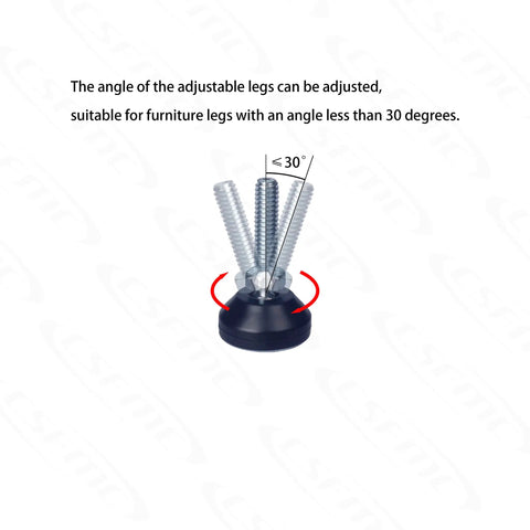 Premium Adjustable Furniture Levelers With Super Slick PTFE Swivel Feet For Tables And Couches No Sweat Rattle Fix showing three threaded screws.