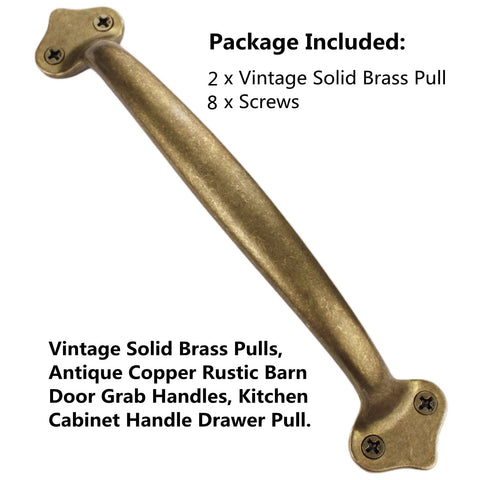 Vintage Solid Brass Pulls In Antique Copper Finish, Rustic Barn Door Handles For Cabinets And Drawers, 6.5 Inch Length Set Of Two