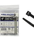 4 Inch Black Zip Ties 100 Pack With 18 Lbs Tensile Strength Self Locking UV Resistant Nylon Wire Ties in packaging and close-up view