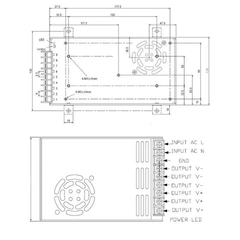 Technical diagram of 12V 30A 360W DC Switching Power Supply Indoor Use Regulated Universal Input 110V 230V.