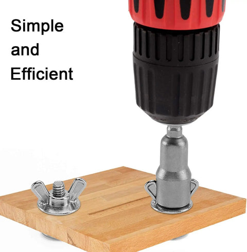 No Sweat Wing Nut Driver Drill Bit Socket Tool With Quarter Inch Hex Shank For Power Drills securing wing nut on wooden surface.