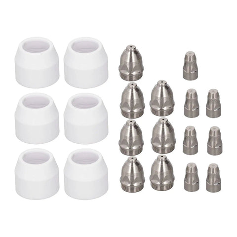 20Pack Plasma Cutter Torch Consumables Kit with stainless steel nozzles and ceramic tips for heavy-duty use.