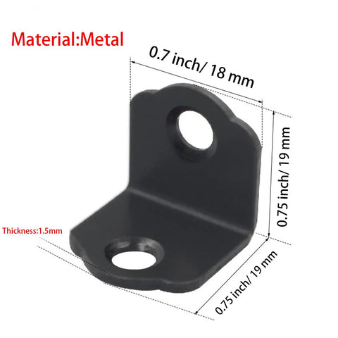 Built Tough As Nails 50 Pack Heavy Duty 90 Degree Corner Braces 0.75 Inch L Bracket Metal Furniture Connectors For Wood Cabinets Beds Drawers With Screws Ready Fast, close-up view of black metal bracket.