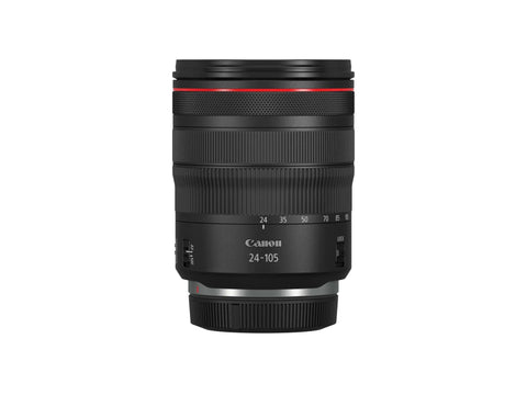 RF 24-105mm F4 L IS USM Zoom Lens For EOS R Series Mirrorless Cameras shown front view, lens body with focus ring and markings