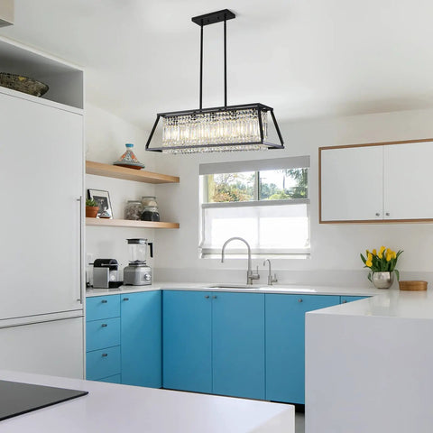 Lit Black Crystal Chandelier Pendant Light For Dining Room And Kitchen Island, 5-Light Rectangular Fixture in modern kitchen