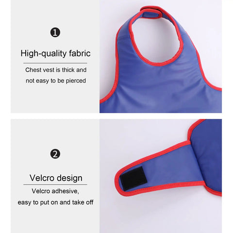 Totally Kid Friendly Fencing 3 Piece Practice Gear Set With Plastic Mask And Chest Protector showing blue vest and Velcro detail