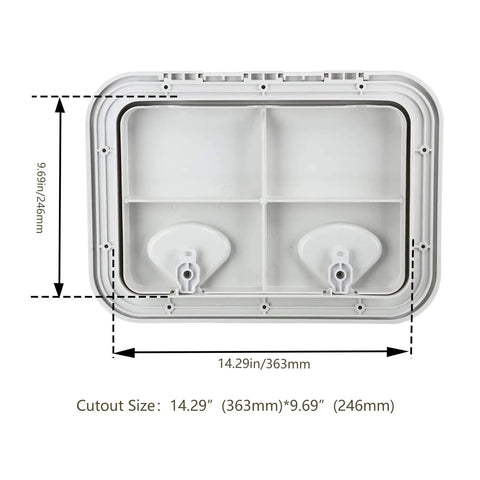 Back view of Rectangular Boat Hatch Cover 17-1/4 By 12-3/8 Inches Weatherproof Heavy Duty Deck Lid with hinges and measurements