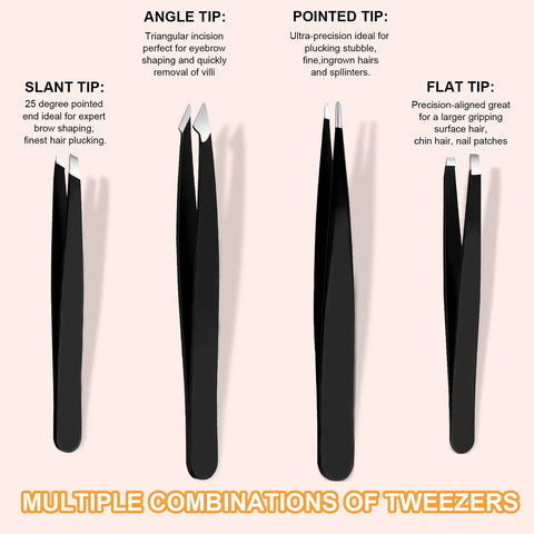 Different tweezer tips from 9 Piece Stainless Steel Eyebrow Tweezers Kit With Leather Travel Case, Pro Grade Grooming Set.