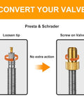 Diagram showing Presta To Schrader Bike Valve Adapter Brass Conversion for no fuss tire inflation with a standard pump or air compressor.
