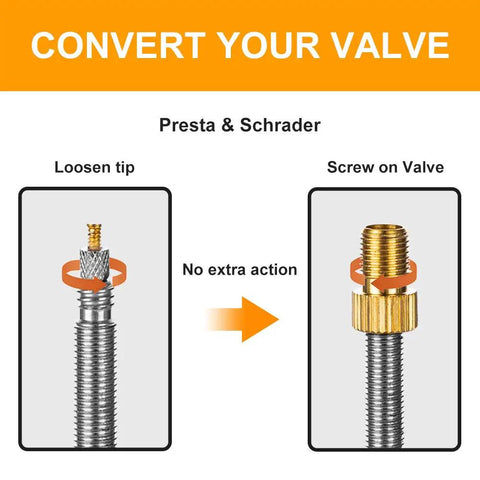 Diagram showing Presta To Schrader Bike Valve Adapter Brass Conversion for no fuss tire inflation with a standard pump or air compressor.