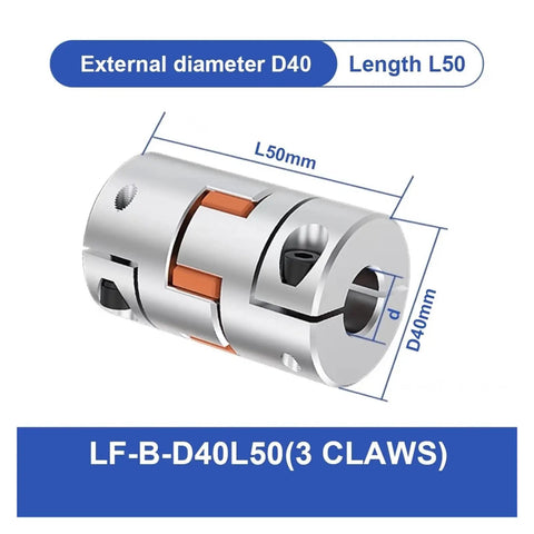 Plum Jaw Shaft Coupling With Buffer Structure For CNC Motors 8mm Bore And Clamp Locking To Prevent Slipping On Servo Stepper Systems D40 L50 Aluminum Body, showing external dimensions D40 and length L50.