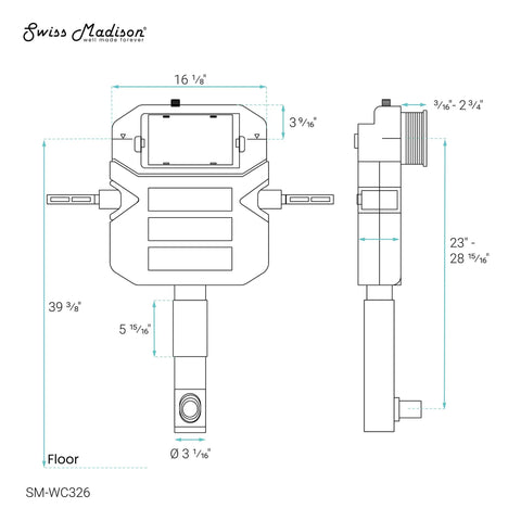 Technical drawing of In-Wall Toilet Tank Carrier for 2x6 Studs, Beefy Steel Frame, Concealed Install, Adjustable Height, White Finish.