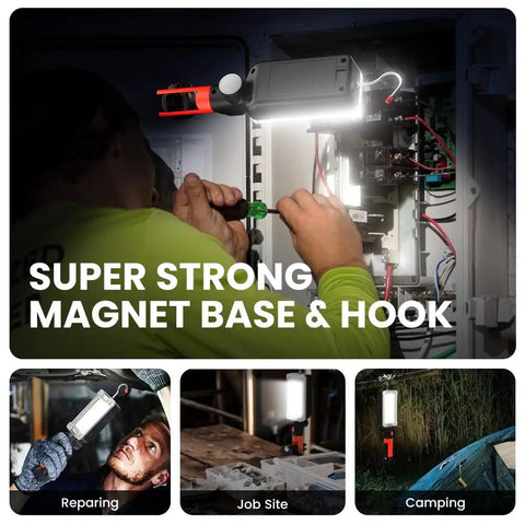 Rechargeable COB LED Work Light With Magnetic Hands Free Mount in use for electrical repairs, featuring strong magnet and hook.