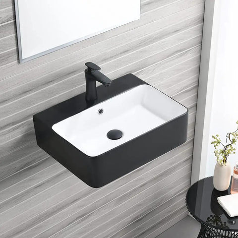 Matte Black Vessel Sink And Faucet Combo For Modern Bathrooms 18x16 Inch Rectangular Above Counter Porcelain Ceramic Vanity Sink With Dual Faucets