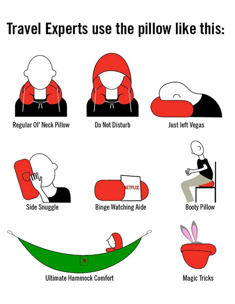 Travel Experts use the Hooded Travel Pillow With 360 Neck And Head Support, Memory Foam, Adjustable Light Blocking Hood, Ultra Soft Micro Fleece, Carry Bag Included, Built For Car Or Plane Sleep On The Go in different positions