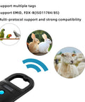 Black Upgraded Pet Microchip Scanner With 256 Data Storage showing support for birds, rabbits, and sheep.