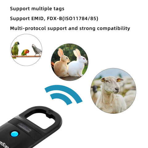 Black Upgraded Pet Microchip Scanner With 256 Data Storage showing support for birds, rabbits, and sheep.
