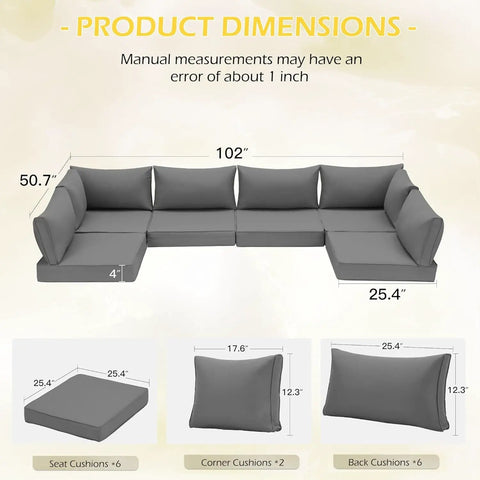 Outdoor Replacement Cushions For Patio Furniture 14 Piece Gray Cushion Set For Six Seat Rattan Wicker Sectional Sofa Water Repellent