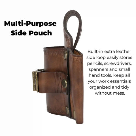 Leather Tool Holster With Hammer Loop, Tape Measure Holder, And Pencil Pouch For Belt side view showing detail and loop
