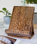 Hand Carved Tree Of Life Cookbook Stand With Adjustable Foldable Reading Holder in Mango Wood on desk