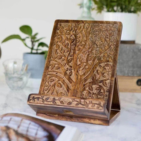 Hand Carved Tree Of Life Cookbook Stand With Adjustable Foldable Reading Holder in Mango Wood on desk
