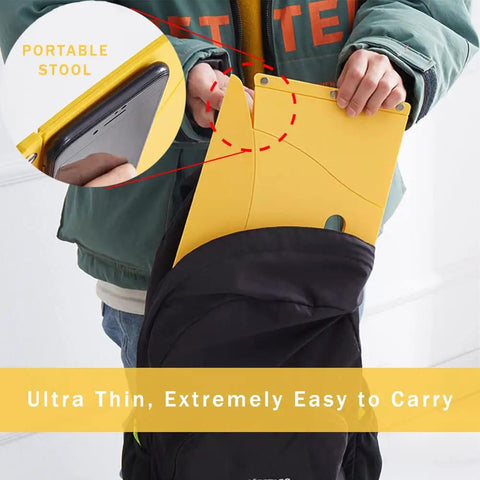 Person placing Ultralight Folding Camping Stool For Hiking And Outdoors, Ultra Packable collapsible chair into backpack