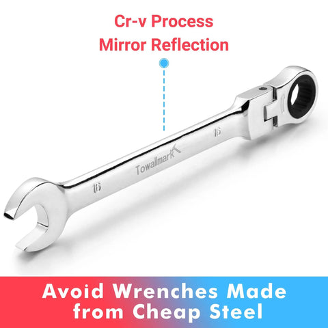 Cr-V steel wrench from 14-Piece Flex-Head Ratcheting Wrench Set With 72-Tooth Cr-V Steel Wrenches, SAE And Metric 5/16 To 11/16 And 8-16mm