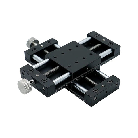 Dual XY Axis Motion Stage Cross Sliding Table with stainless steel triangular screw, 40mm x 60mm travel, smooth manual adjustment.