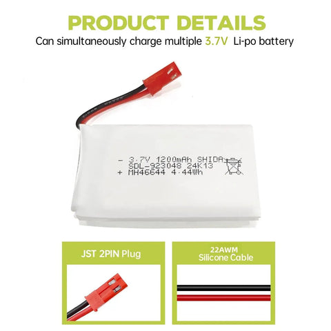 5 Pack 3.7V 1200mAh 30C LiPo Battery With 5in1 Charger JST Plug For T04 T05 T25 V2400HD V2450FPV V2450GPS X900 X9TW