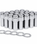 Dope Mag Style Lug Nuts In Crisp Chrome Shine With Heavy Duty Center Washers And Razor Sharp 12mm X 1.5 Threads Built Tough For Your Whip Fast 13/16 Hex Setup Fits Toyota Mazda Mitsubishi And Weld Racing Wheels Pack Of 20 in a stacked arrangement.