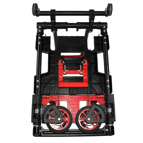 Heavy Duty Folding Hand Truck Dolly Cart For Moving And Hauling, Shopping, Travel And Office Use, Portable Sturdy Easy Fold With Comfy Rubber Handle, Wide Capacity, Quick Storage, Durable Steel Frame, folded black and red steel hand truck
