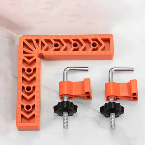 Killer Adjustable Seven Piece Right Angle Clamp Set Lightweight ABS Plastic Corner Clamping Kit For Smooth Woodworking Picture Frame And Cabinet Drawer Assembly Projects Orange Color, includes two clamps.
