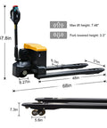 Heavy-Duty 4400 Lb Full Electric Pallet Jack With 48 Inch Forks showing dimensions, 21in wide forks, and electric controls for heavy loads.