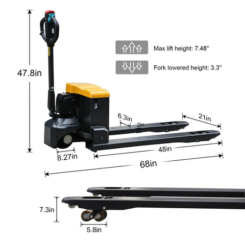 Heavy-Duty 4400 Lb Full Electric Pallet Jack With 48 Inch Forks showing dimensions, 21in wide forks, and electric controls for heavy loads.
