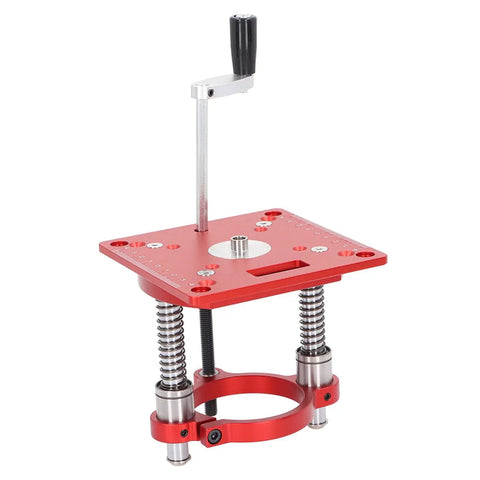 Rock Solid Heavy Duty Aluminum Router Table Lifting System with Circle Clamping, red anodized finish, lever handle, and spring supports.