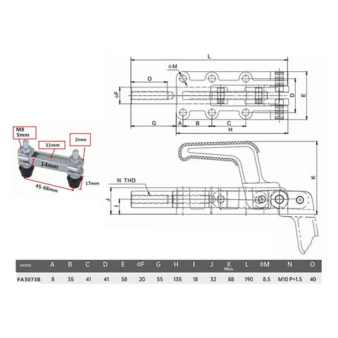 Technical diagram and measurements of Beefy Heavy Duty Welding Toggle Clamp With Dual Heads 50mm Stroke Quick Release for fixtures.
