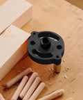 Dead Straight Self Centering Doweling Jig Badass Accuracy Handheld Drill Guide Heavy Duty Woodworking Hole Locator on wooden surface.