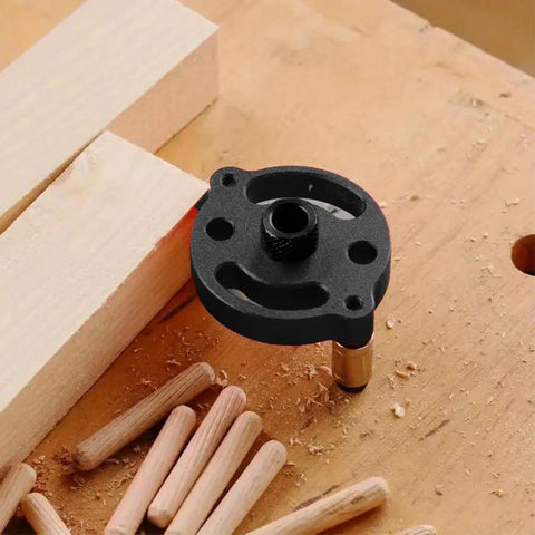 Dead Straight Self Centering Doweling Jig Badass Accuracy Handheld Drill Guide Heavy Duty Woodworking Hole Locator on wooden surface.