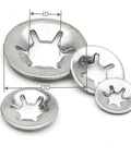 100 Piece Internal Tooth Star Lock Washer Set For M3 M4 M5 M6 M8 M10 Screws And Bolts displaying various washer sizes
