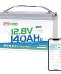12V 140Ah LiFePO4 Battery Group31 For RVs Boats Marine And Off Grid Solar With Bluetooth App Monitoring Real Time Status 150A BMS And 10 Year Lifetime Keeps Your Rig Juiced For Campervan And Yacht product with smartphone displaying app interface