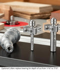 Top Shelf Rabbeting Router Bit Kit With Seven Size Precision Collars featuring solid carbide inserts and adjustable collars on a router table.