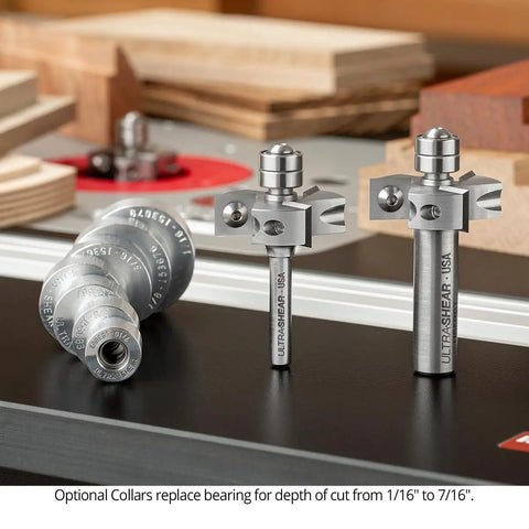 Top Shelf Rabbeting Router Bit Kit With Seven Size Precision Collars featuring solid carbide inserts and adjustable collars on a router table.