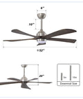52" 5PCS Solid Wood Blades Ceiling Fan with Lights Remote Control, Nickel showing dimensions and details.