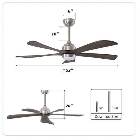 52" 5PCS Solid Wood Blades Ceiling Fan with Lights Remote Control, Nickel showing dimensions and details.