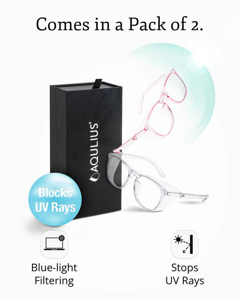 Pack of 2 pink and clear safety glasses with side shields in boxed set; Pink And Clear Safety Glasses Pack Of 2 For Women And Men Scratch Resistant Anti Fog Side Shield Eyewear Durable Eye Protection For Work And Play All Day Outdoor Activities.