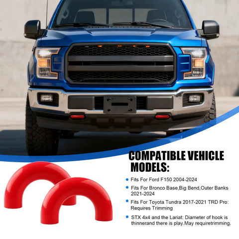 Two Pack Front Tow Hook Covers For Ford F-150 2004-2025 Front Bumper OEM Style Red Replacement Accessories That Snap In Easy And Keep Your Truck Looking Sharp shown on a blue F-150.