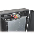 Compact 4U Vertical Wall Mount Rack Cabinet Low Profile 36 Inch Deep Black Enclosure For Server Gear with cables inside.