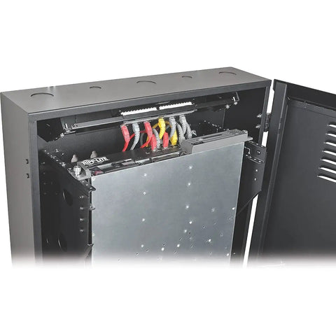 Compact 4U Vertical Wall Mount Rack Cabinet Low Profile 36 Inch Deep Black Enclosure For Server Gear with cables inside.