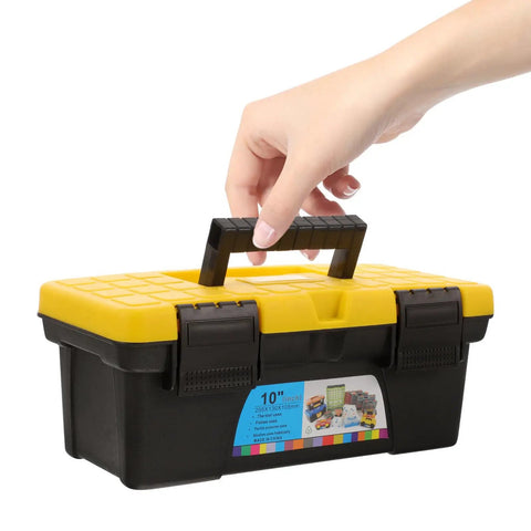 Top Shelf Plastic Tool Stash Heavy Duty Portable Carry Case For Hand Tools And Fasteners Splashproof Electrician Gear Hauler, hand holding yellow black box.