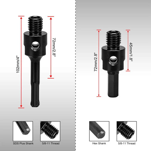 SALI diamond core drill bit set, 2.5 in diameter, 10 in depth, 5/8-11 thread, with SDS Plus and hex shank adapters (red)